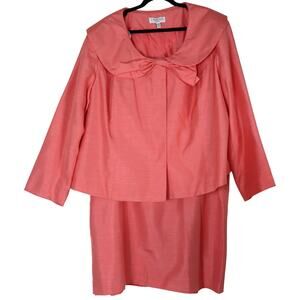 J. Rose Coral Pink Satin Skirt Suit Set Womens Plus 22W Bow Hidden Buttons
